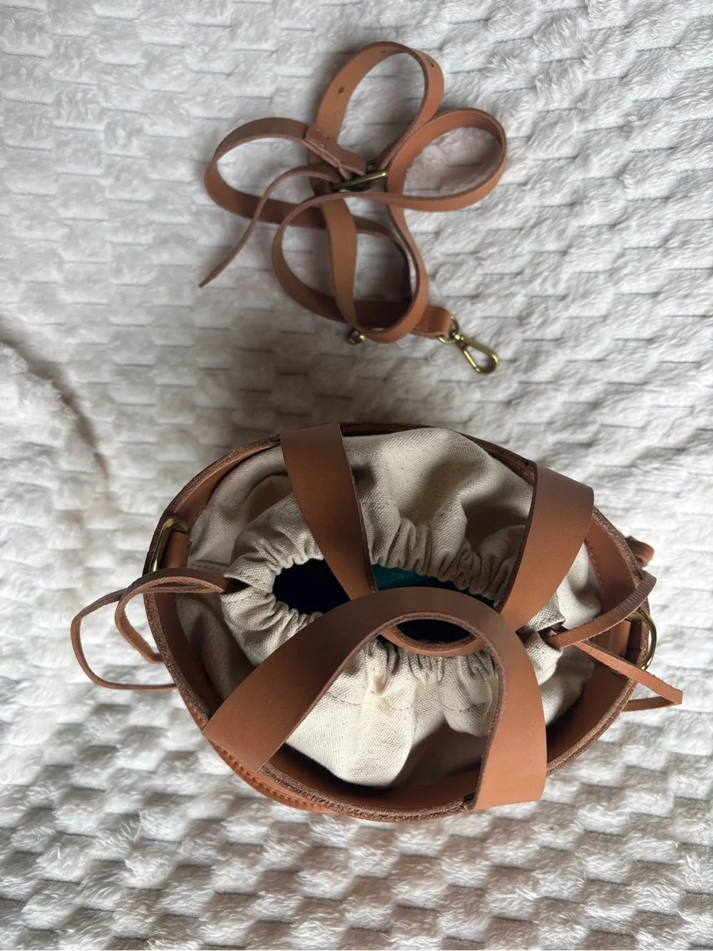 Madewell Cognac Leather Bucket Crossbody Bag Gold Hardware Drawstring Near New